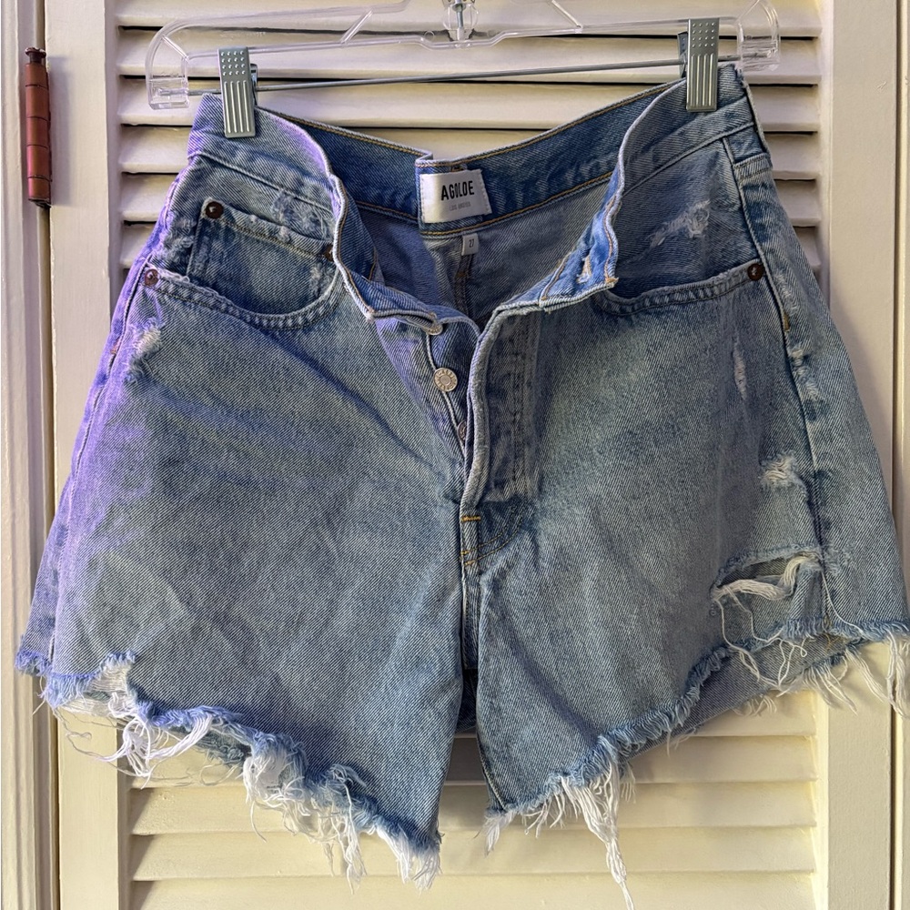 Agolde Women's Parker Long Shorts - Light Blue Distressed Denim